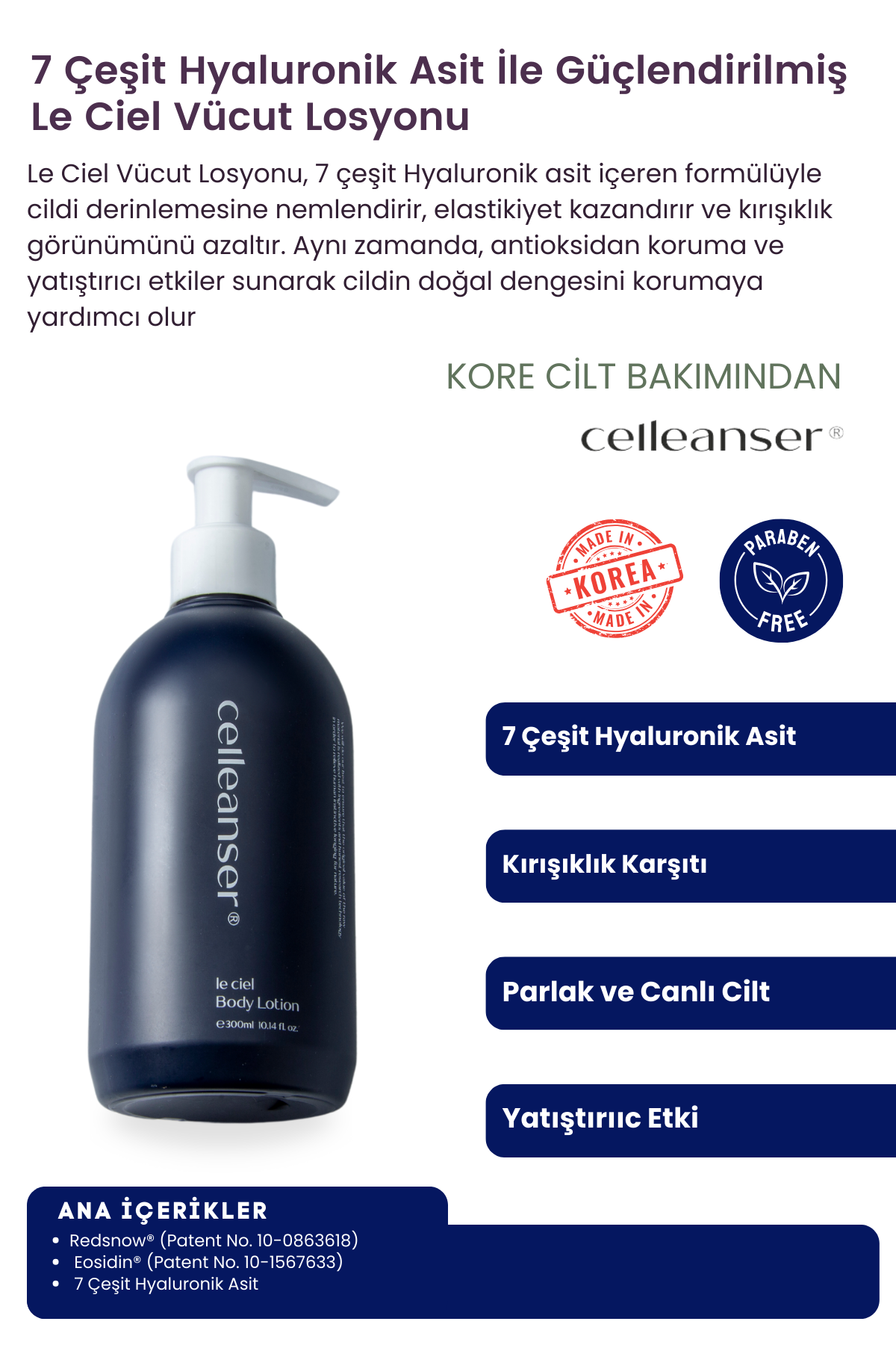 Celleanser Le Ciel Body Lotion 300 ml - Fortified with 7 Types of Hyaluronic Acid