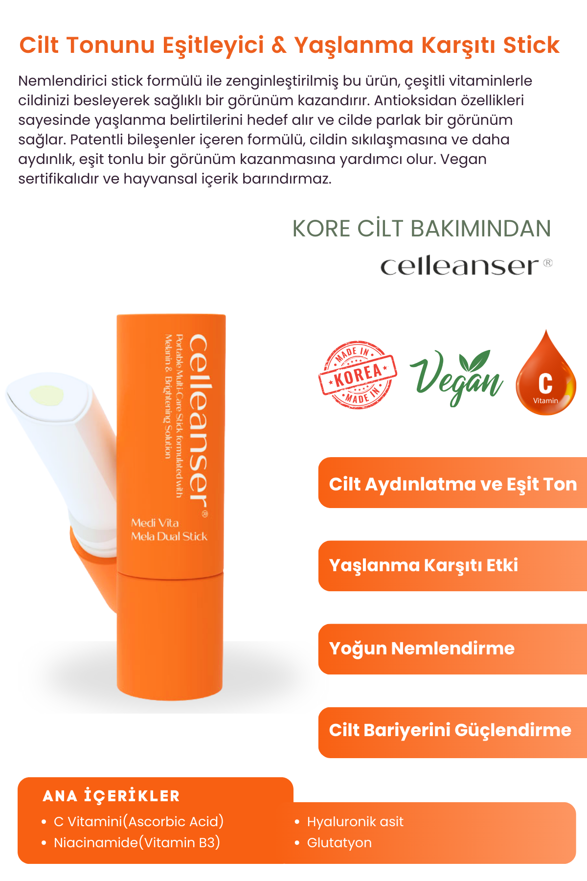 Celleanser Medi Vita Mela Dual Stick: Brightening Skin Care Stick with Patented Content