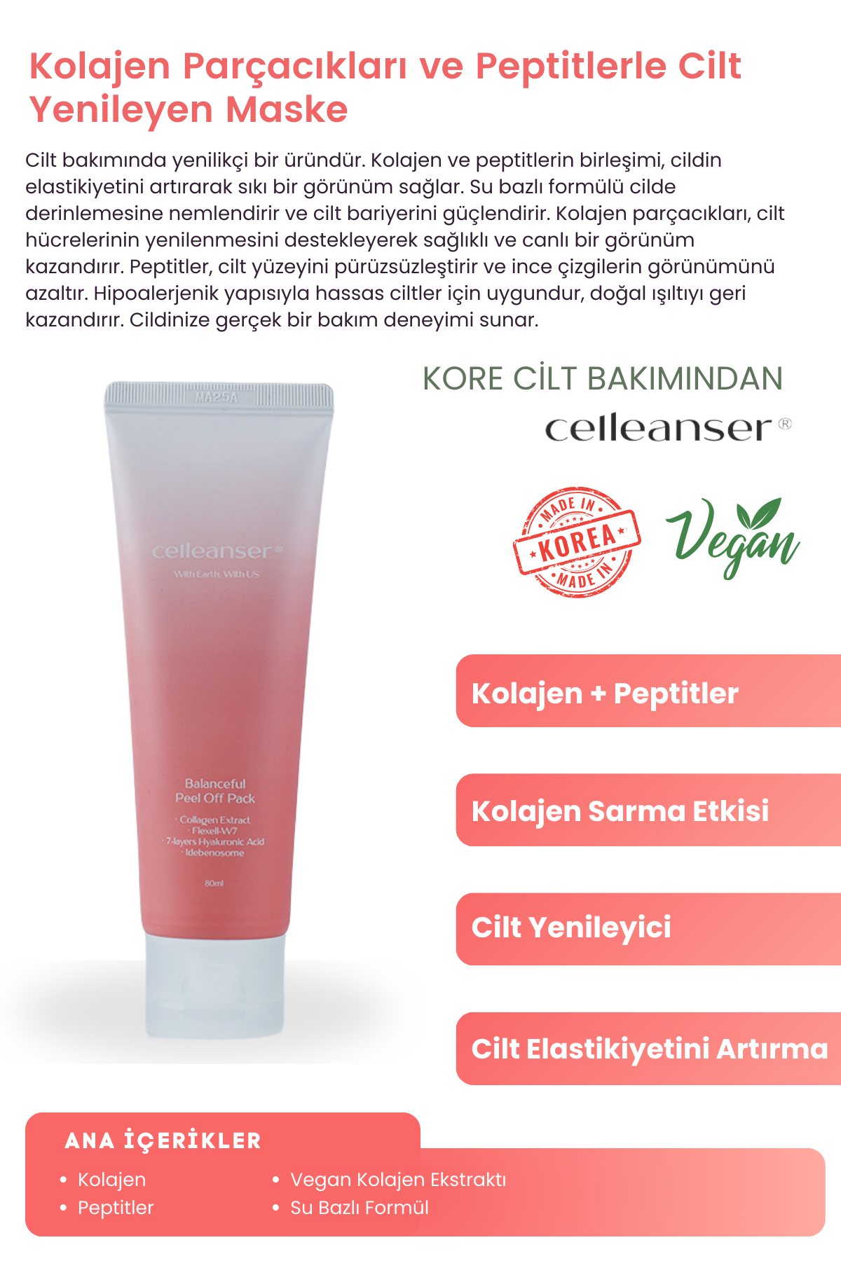 CELLEANSER Balenceful Kolajen ve Peptit İçeren Soyulabilir Yüz Maskesi