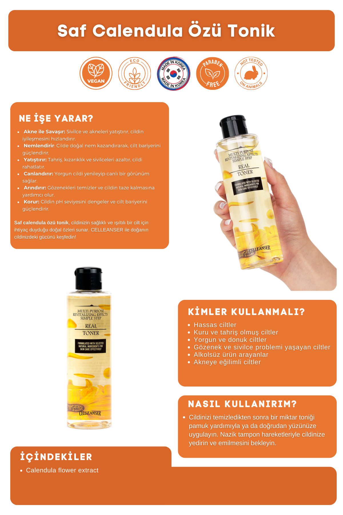 Celleanser Calendula Toner 200 ml - Natural Moisturizing and Soothing
