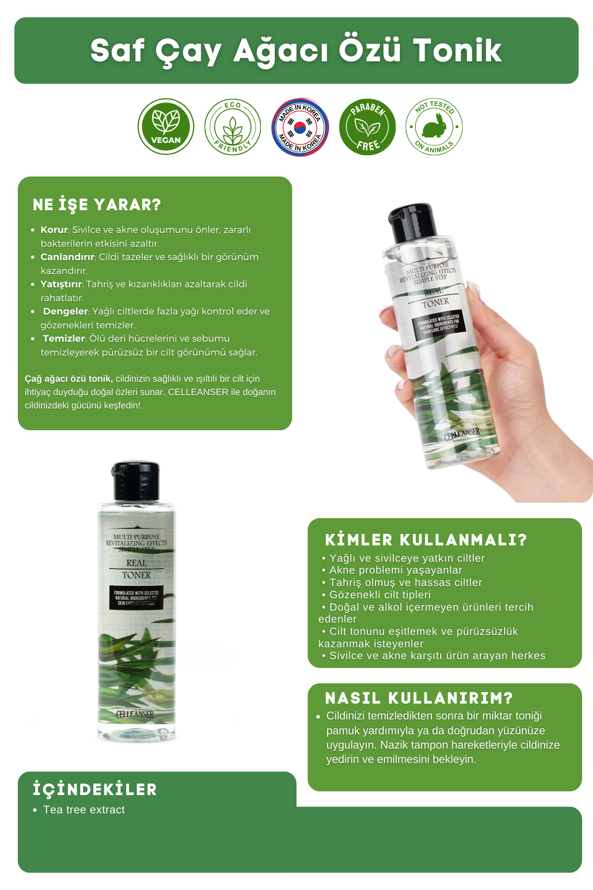 Celleanser Tea Tree Toner 200 ml - Natural Acne and Blackhead Cleanser