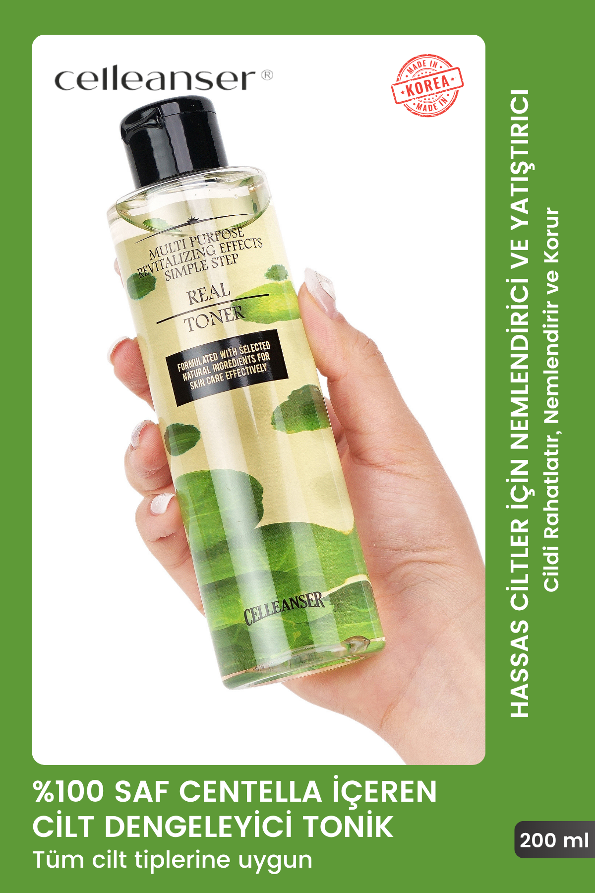 Celleanser Centella Asiatica Toner 200 ml - Natural and Alcohol-Free Sensitive Skin Tonic
