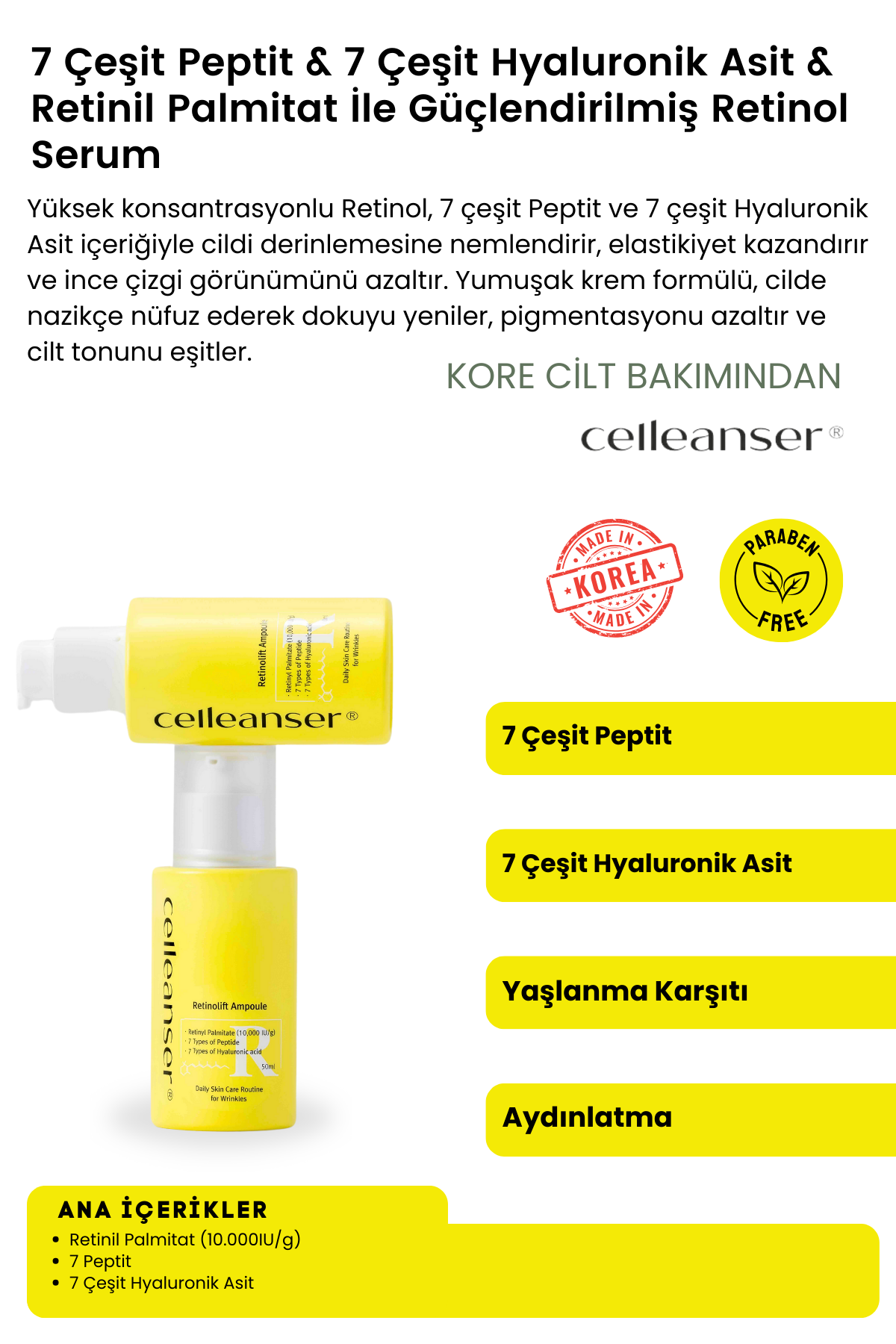 7 Çeşit Peptit & 7 Çeşit Hyaluronik Asit İçeren Yaşlanma Karşıtı ve Aydınlatıcı Retinol Serum