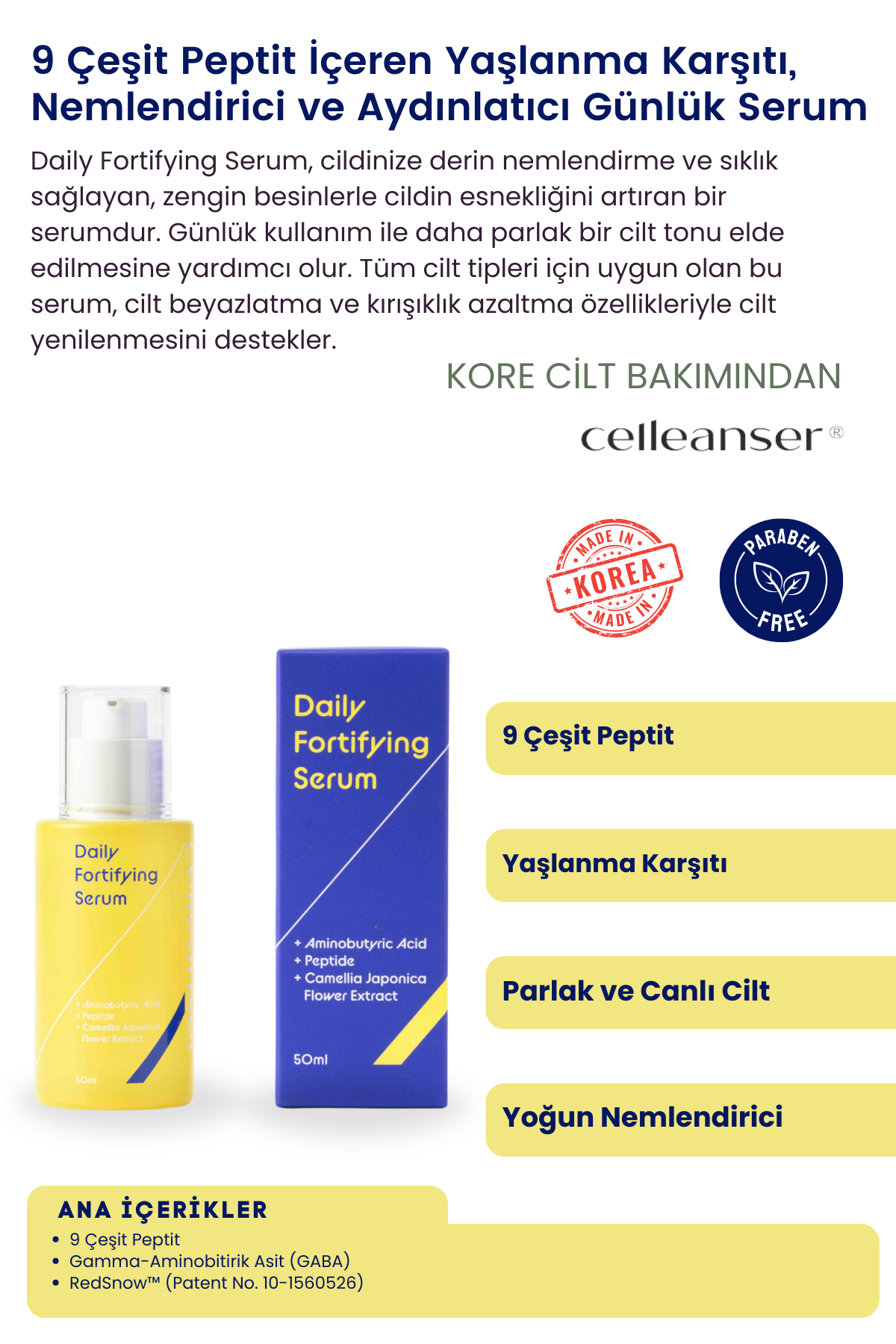 CELLEANSER 9 Çeşit Peptit İçeren Yaşlanma Karşıtı, Nemlendirici ve Aydınlatıcı Günlük Serum