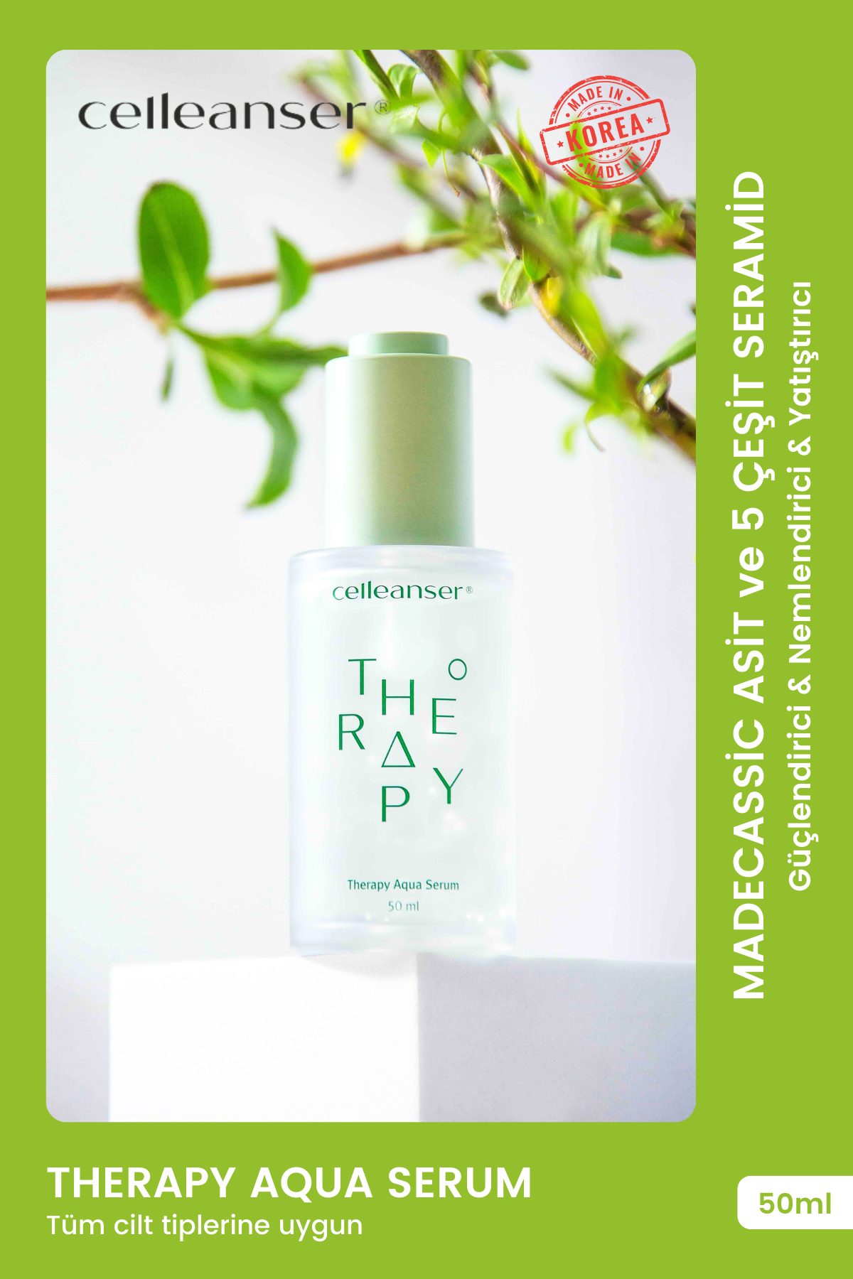 CELLEANSER Madecassic Asit & 5 Çeşit Seramid & Patentli İçerik İle Güçlendirilmiş Yatıştırıcı ve Nemlendirici Therapy Aqua Serum