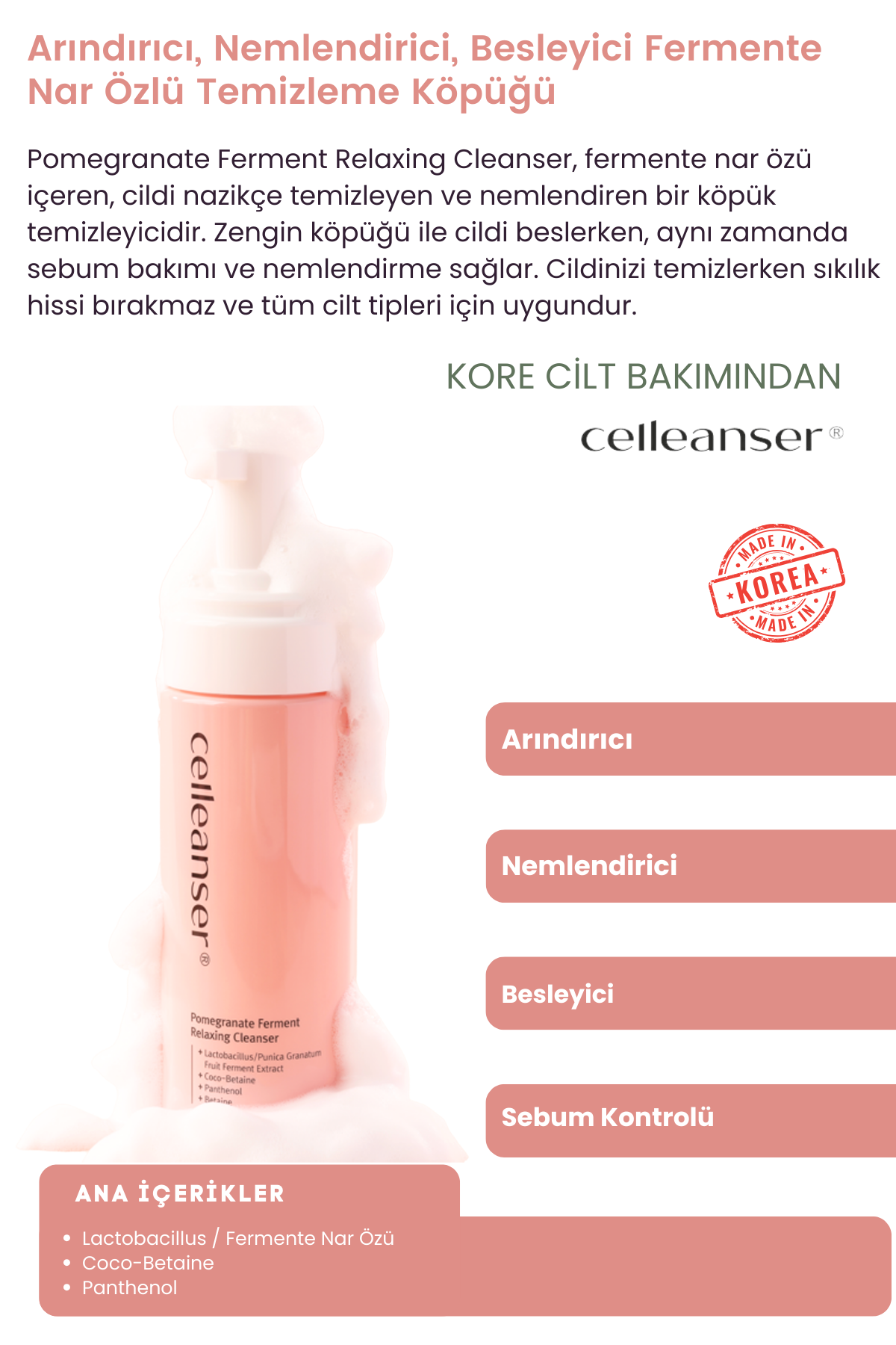 CELLEANSER Arındırıcı, Nemlendirici, Besleyici Nar Özlü Temizleme Köpüğü