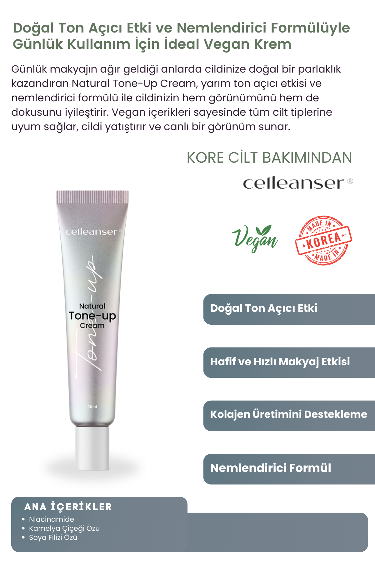 Celleanser Natural Tone-up Cream - Vegan Cream That Provides Natural Brightness and Even Skin Tone