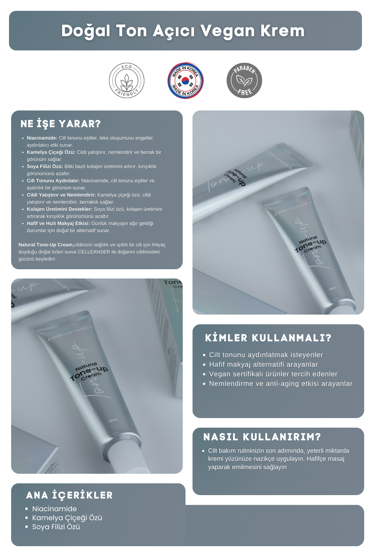 Celleanser Natural Tone-up Cream - Vegan Cream That Provides Natural Brightness and Even Skin Tone