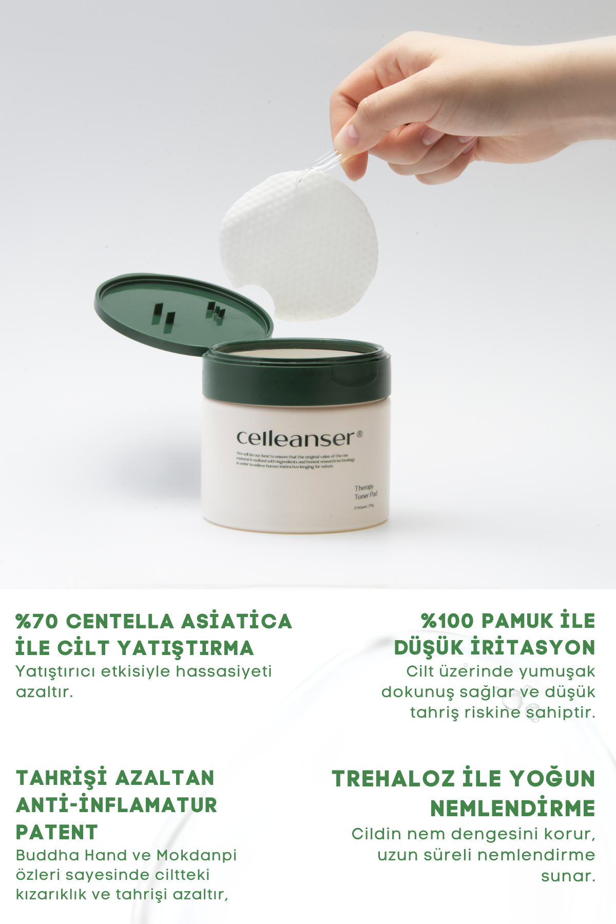 CELLEANSER Centella Asiatica Içeren %100 Pamuktan Yapılmış Nemlendirici Temizleme Pedi Therapy Toner Pad