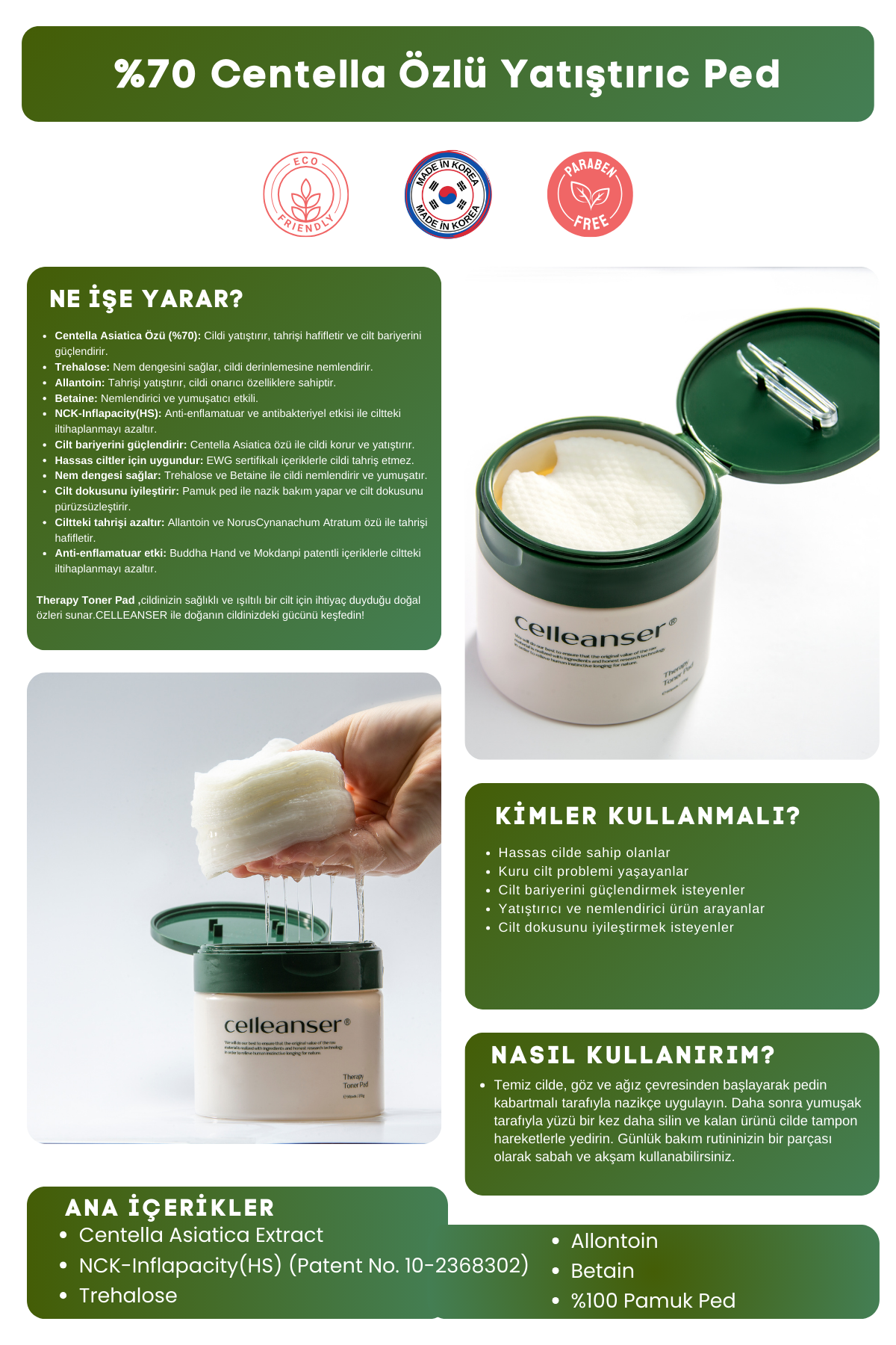 CELLEANSER Centella Asiatica Içeren %100 Pamuktan Yapılmış Nemlendirici Temizleme Pedi Therapy Toner Pad