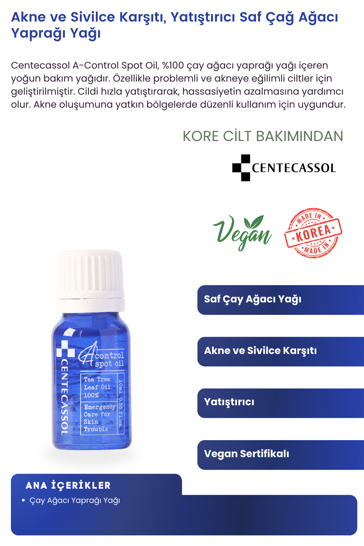 CENTECASSOL Sivilce ve Akne Karşıtı, Yatıştırıcı, Nemlendirici, Onarıcı 100% Çay Ağacı Yaprağı Yağı