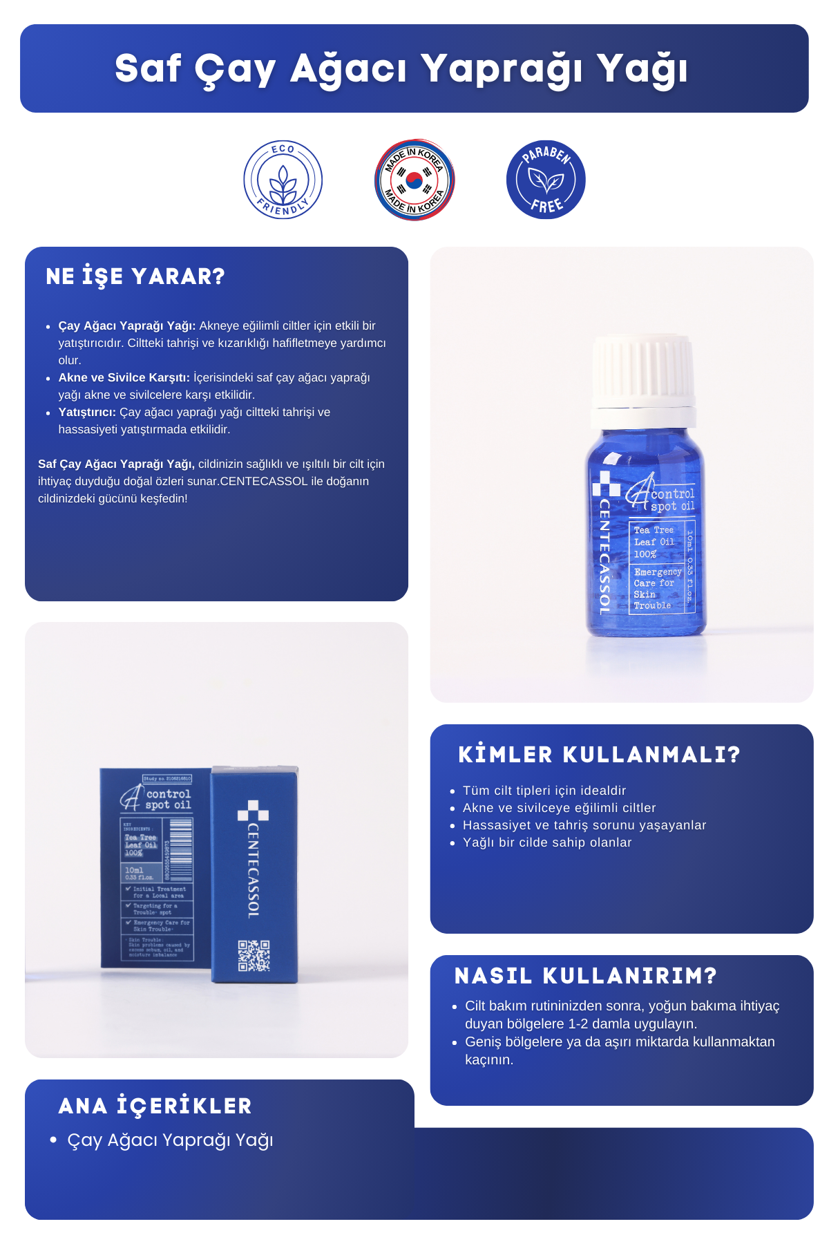 CENTECASSOL Sivilce ve Akne Karşıtı, Yatıştırıcı, Nemlendirici, Onarıcı 100% Çay Ağacı Yaprağı Yağı