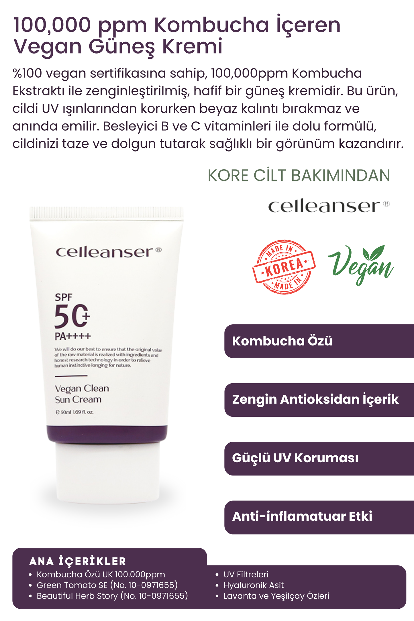 Celleanser Vegan Sunscreen with Kombucha PA++++ - Antioxidant and Moisturizer