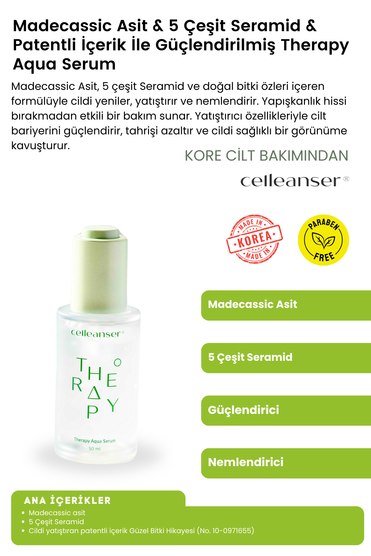 Madecassic Asit & 5 Çeşit Seramid İçeren Yatıştırıcı ve Nemlendirici Therapy Aqua Serum
