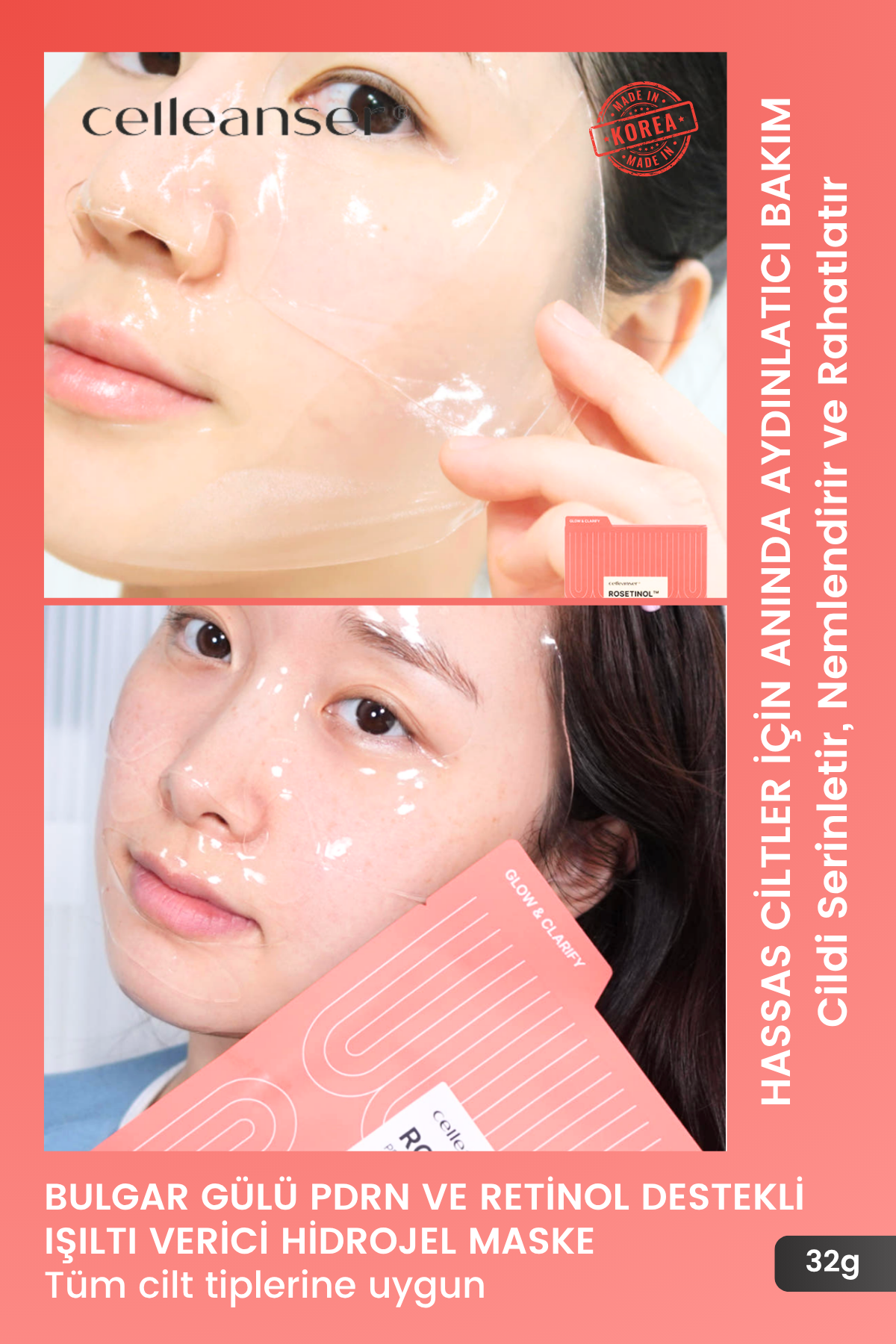 CELLEANSER ROSETINOL Bulgar Gülü PDRN & Retinol Aydınlatıcı Kore Hidrojel Maske - Yenileyici ve Işıltı Verici Cilt Bakımı