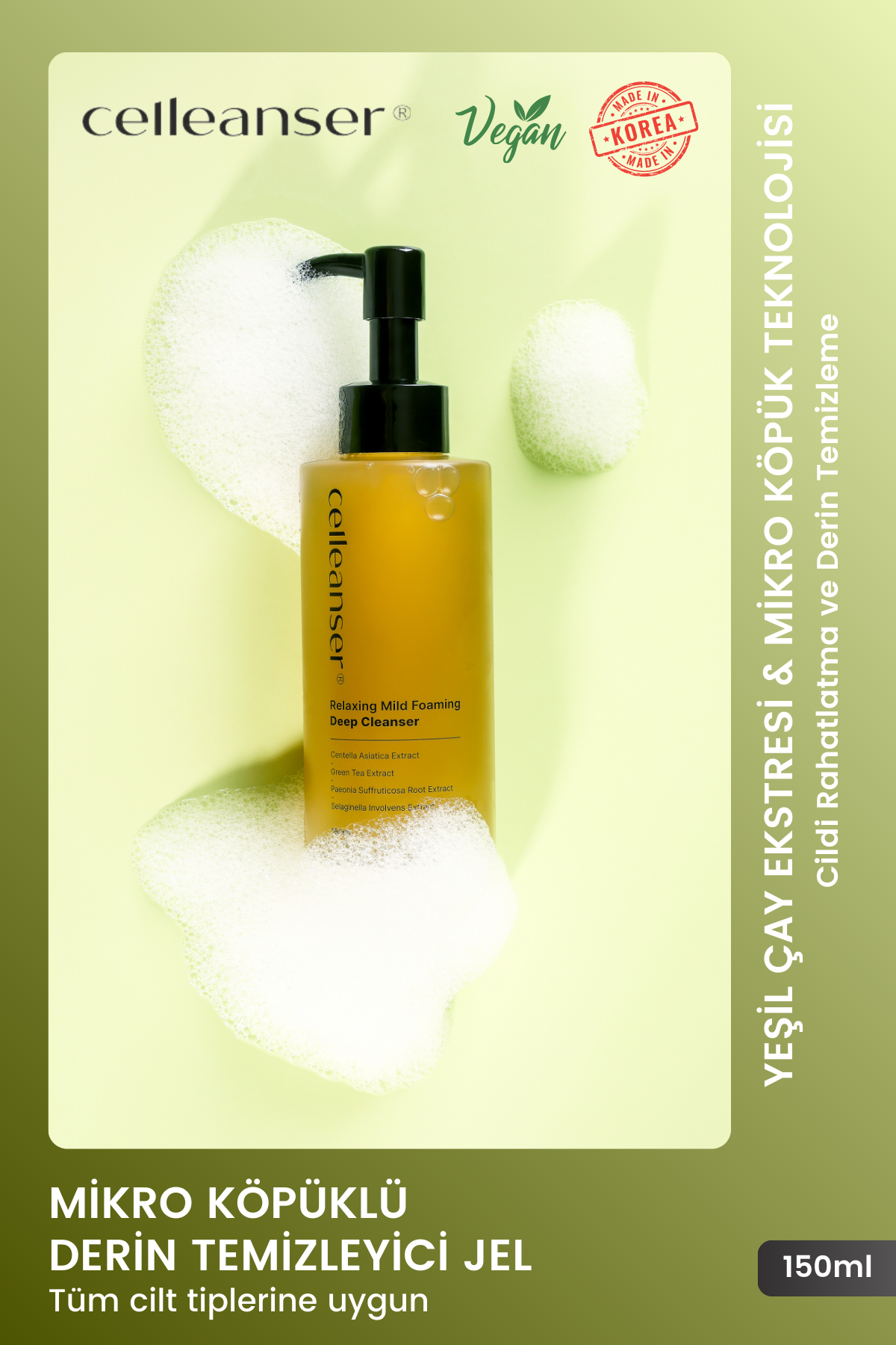 Deep Cleansing with Celleanser Green Tea: Relaxing Mild Foaming Deep Cleanser