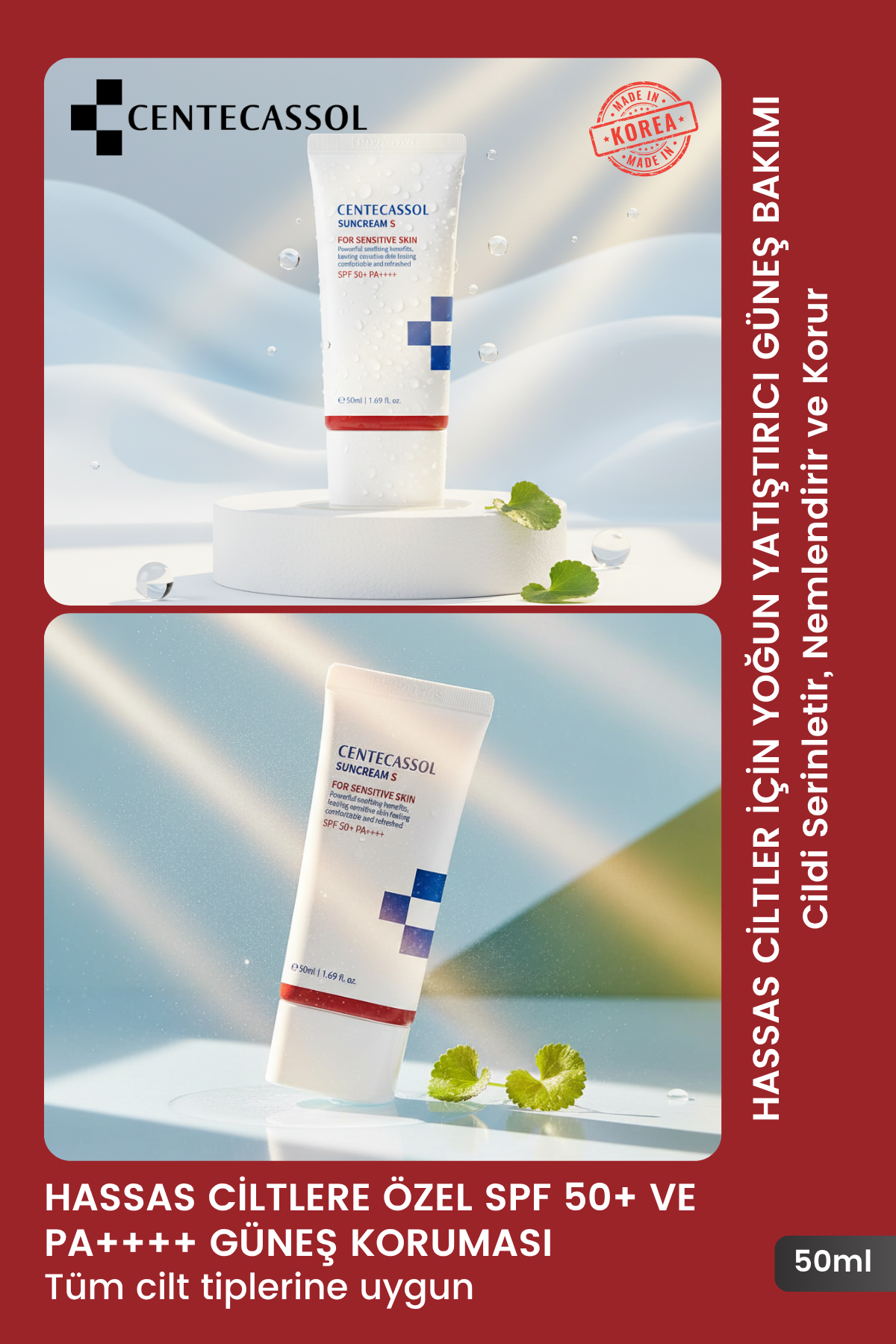 CENTECASSOL Suncream S - Hassas Ciltler İçin Serinletici ve Bariyer Onarıcı Kore Güneş Kremi SPF 50+ PA++++