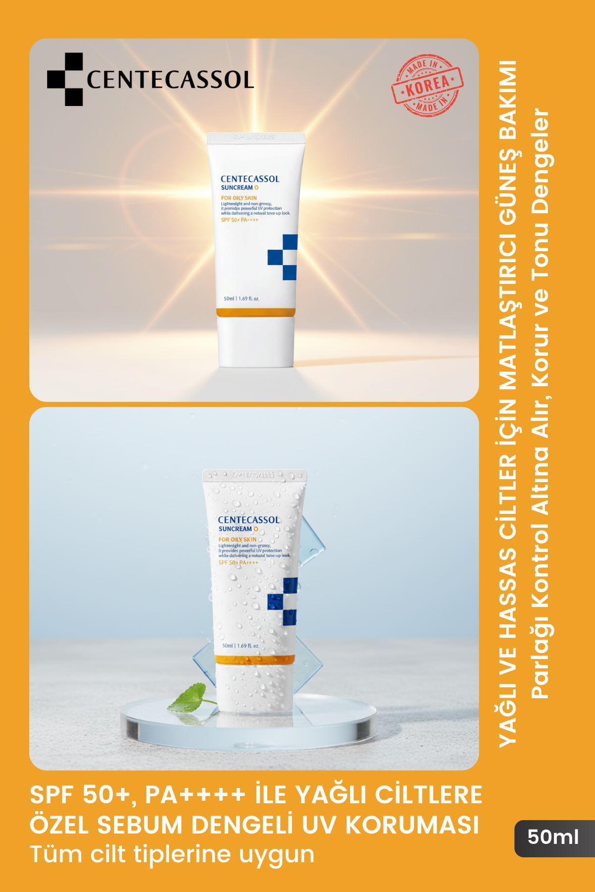 CENTECASSOL Suncream Oily Skin - Yağlı Ciltlere Özel Sebum Dengeleyici ve Matlaştırıcı Kore Güneş Kremi SPF 50+ PA++++