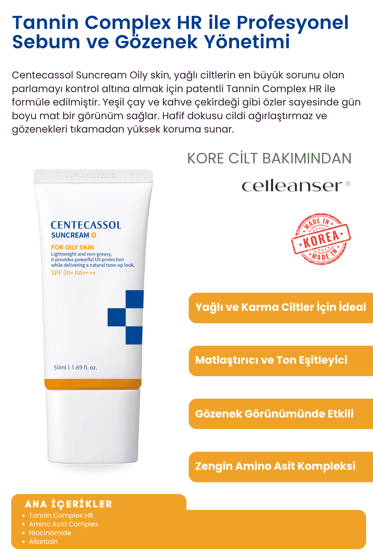 CENTECASSOL Suncream Oily Skin - Yağlı Ciltlere Özel Sebum Dengeleyici ve Matlaştırıcı Kore Güneş Kremi SPF 50+ PA++++