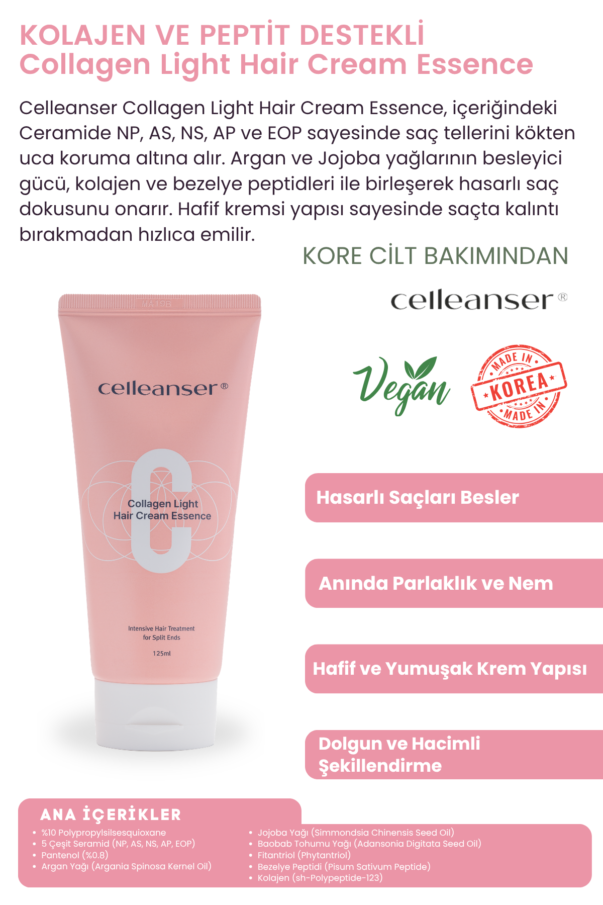 CELLEANSER Collagen Light Hair Cream Essence - Kabarık ve Yıpranmış Saçlar İçin Kolajen & Seramid Destekli Onarıcı Kore Saç Bakım Kremi