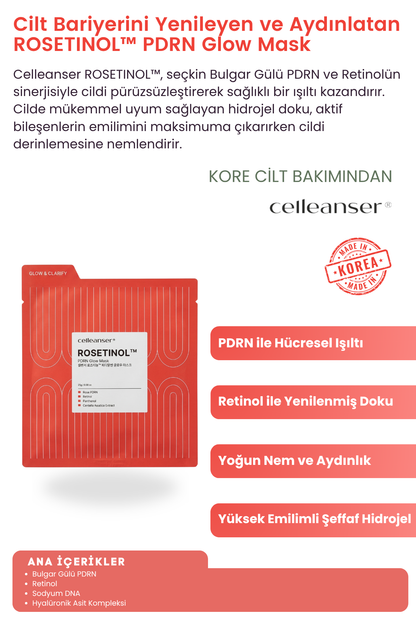 CELLEANSER ROSETINOL Bulgar Gülü PDRN & Retinol Aydınlatıcı Kore Hidrojel Maske - Yenileyici ve Işıltı Verici Cilt Bakımı