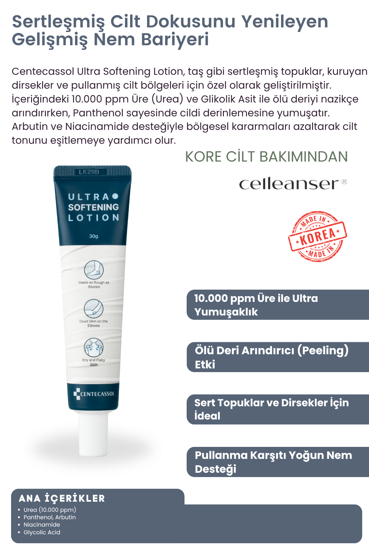 CENTECASSOL Ultra Softening Lotion - Sert Topuk ve Dirsekler İçin Üre & Panthenol Destekli Kore Yumuşatıcı Bakım Losyonu