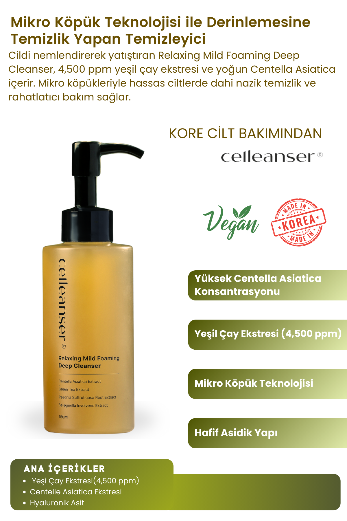 Deep Cleansing with Celleanser Green Tea: Relaxing Mild Foaming Deep Cleanser
