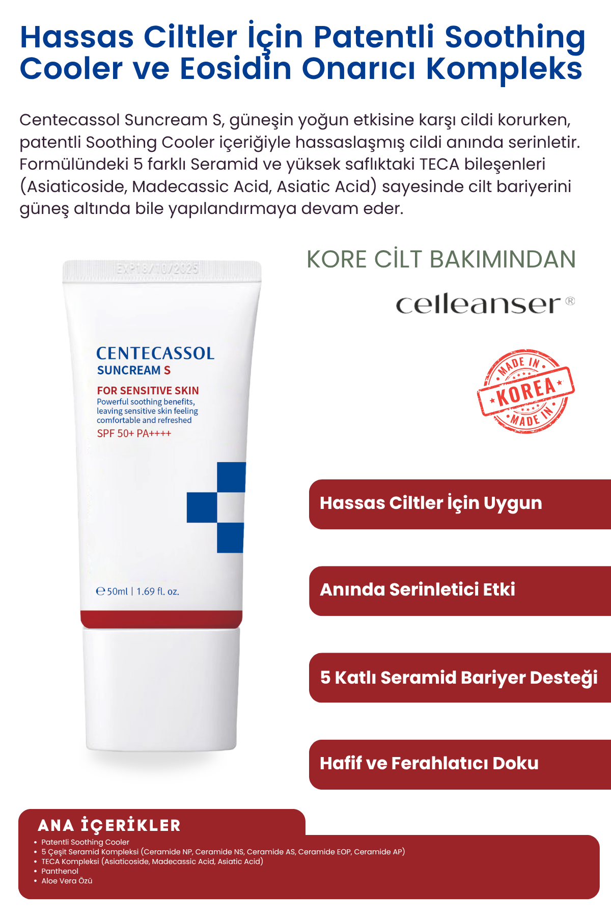 CENTECASSOL Suncream S - Hassas Ciltler İçin Serinletici ve Bariyer Onarıcı Kore Güneş Kremi SPF 50+ PA++++