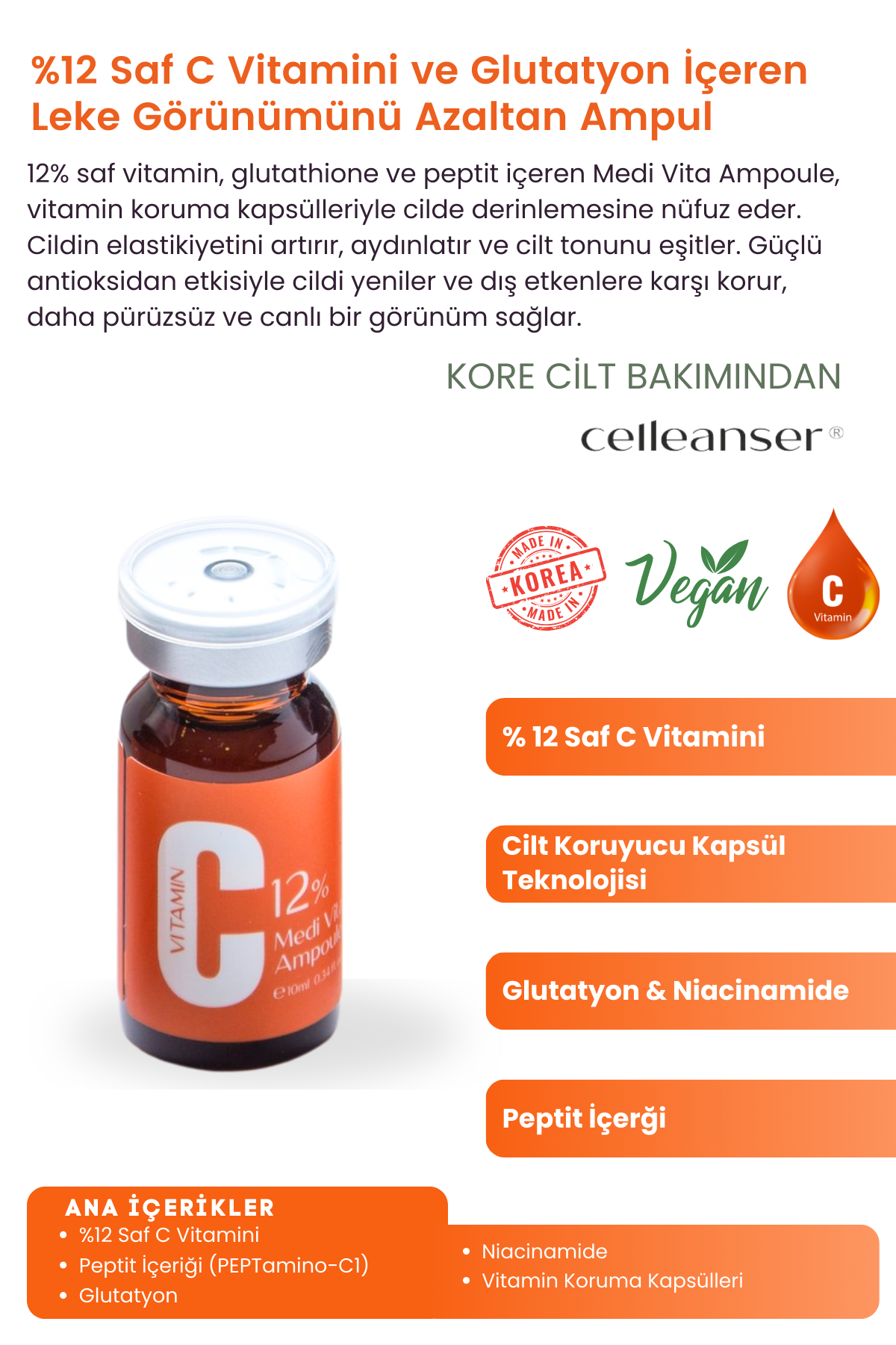 CELLEANSER %12 Saf C Vitaminli Leke Karşıtı Ve Aydınlatıcı Peptitli Serum