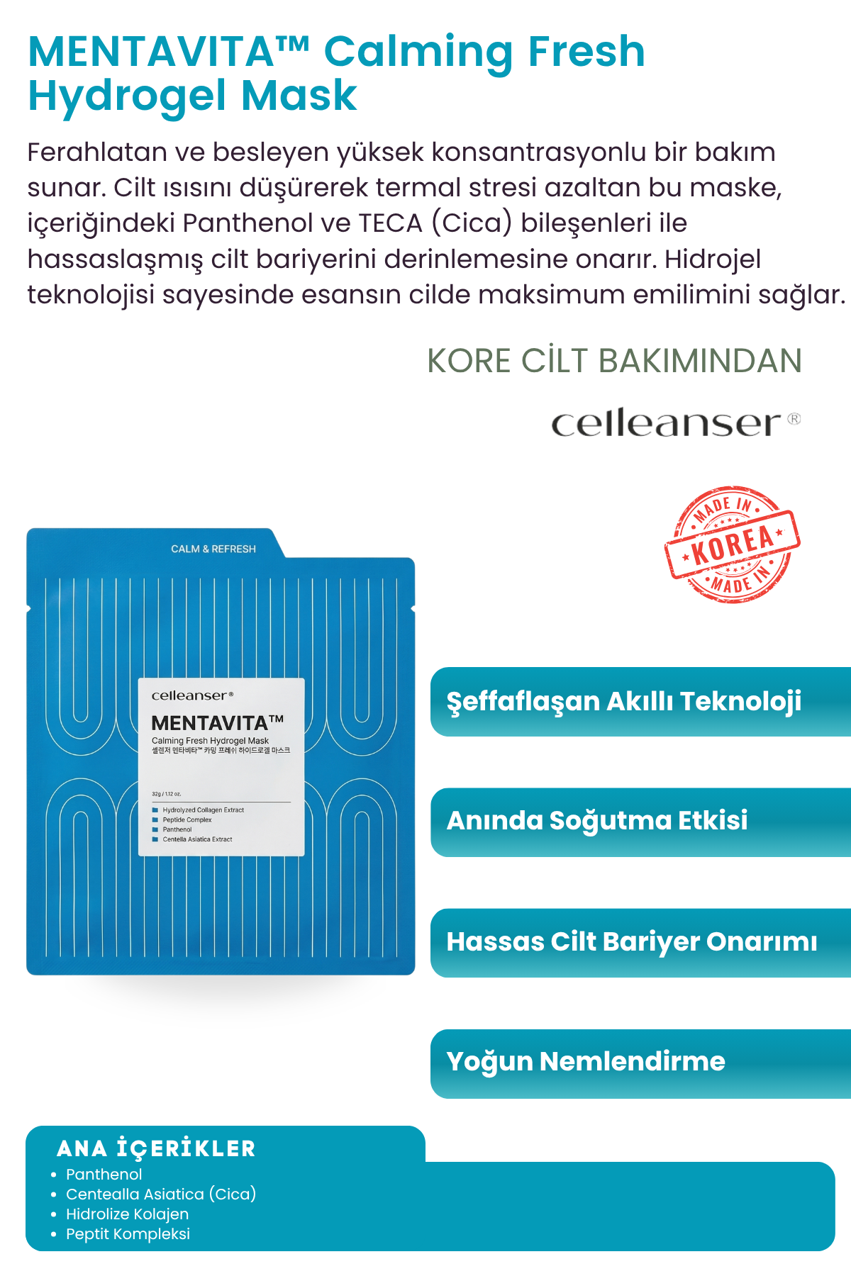 CELLEANSER MENTAVİTA Calming Fresh Hydrogel Mask - Panthenol ve Cica Destekli Serinletici SOS Bakım Maskesi