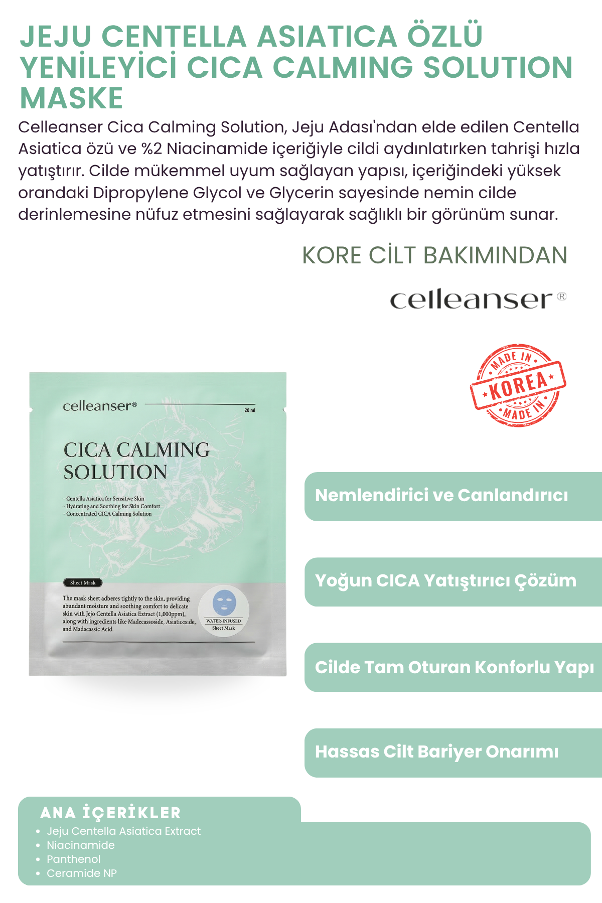 CELLEANSER Jeju Centella Özlü Yenileyici Cica Calming Solution Maske - Hassas Ciltler İçin Yatıştırıcı ve Aydınlatıcı Kore Bakım Maskesi
