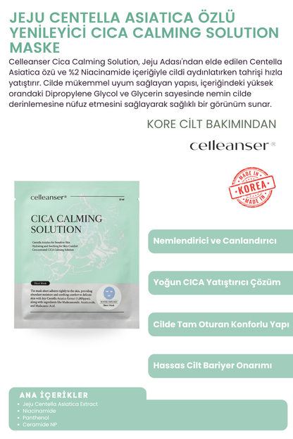 CELLEANSER Jeju Centella Özlü Yenileyici Cica Calming Solution Maske - Hassas Ciltler İçin Yatıştırıcı ve Aydınlatıcı Kore Bakım Maskesi