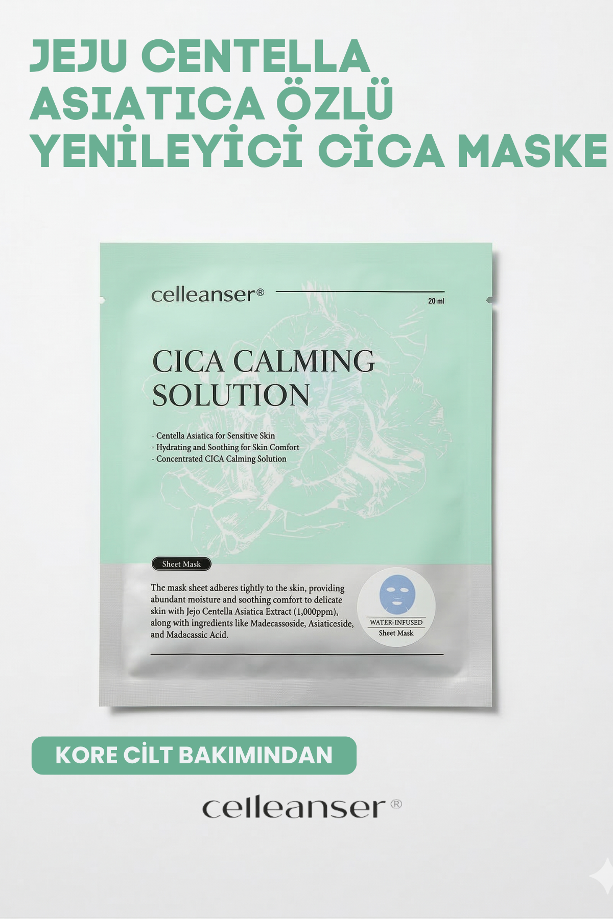 CELLEANSER Jeju Centella Özlü Yenileyici Cica Calming Solution Maske - Hassas Ciltler İçin Yatıştırıcı ve Aydınlatıcı Kore Bakım Maskesi