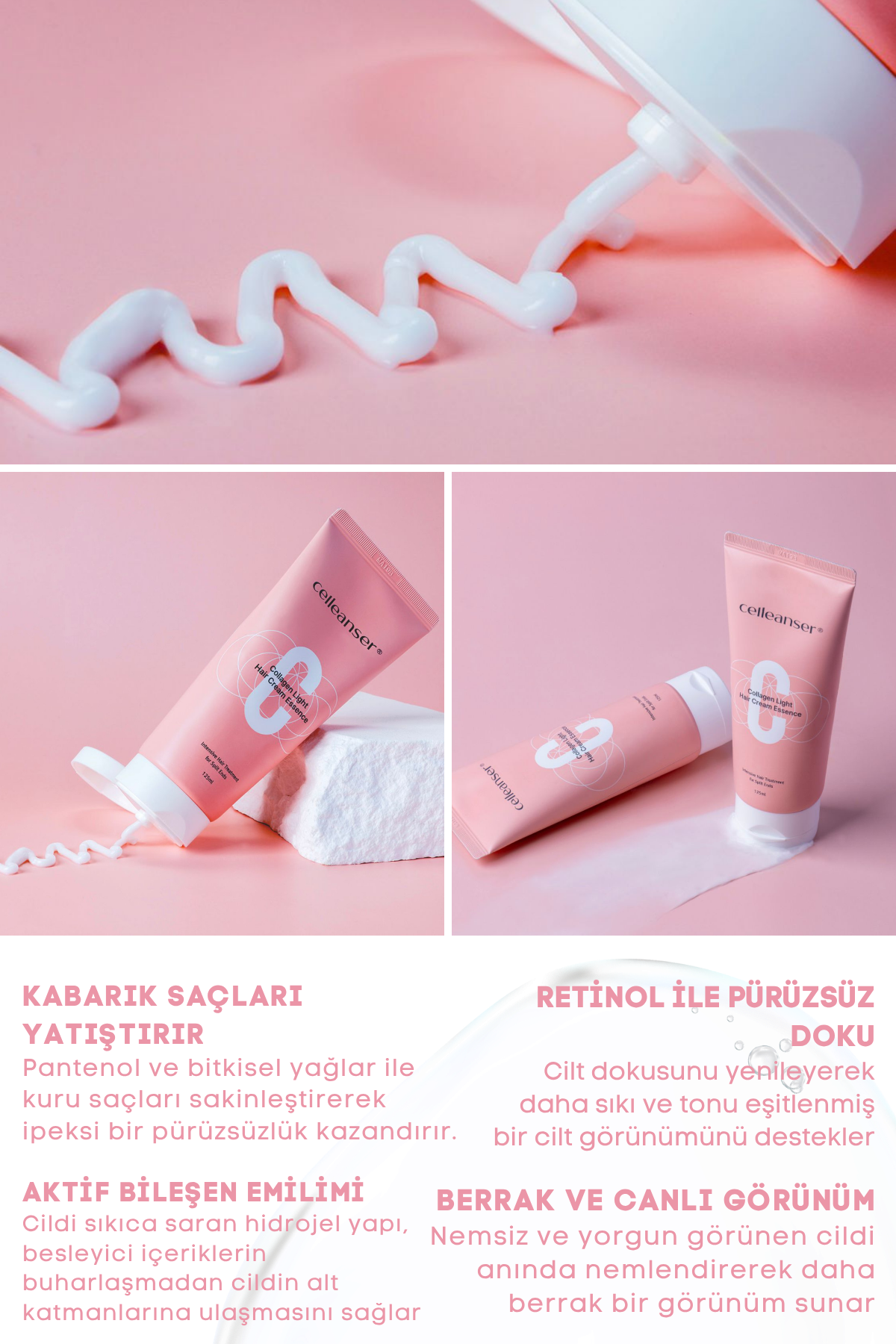 CELLEANSER Collagen Light Hair Cream Essence - Kabarık ve Yıpranmış Saçlar İçin Kolajen & Seramid Destekli Onarıcı Kore Saç Bakım Kremi
