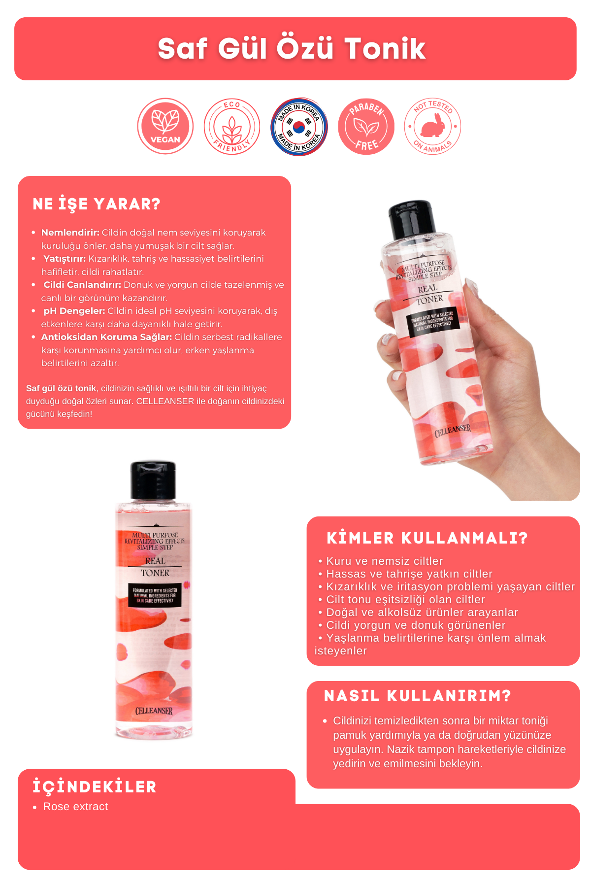 Celleanser Rose Water Toner 200 ml - 100% Natural, Alcohol and Additive Free Soothing Skin Care