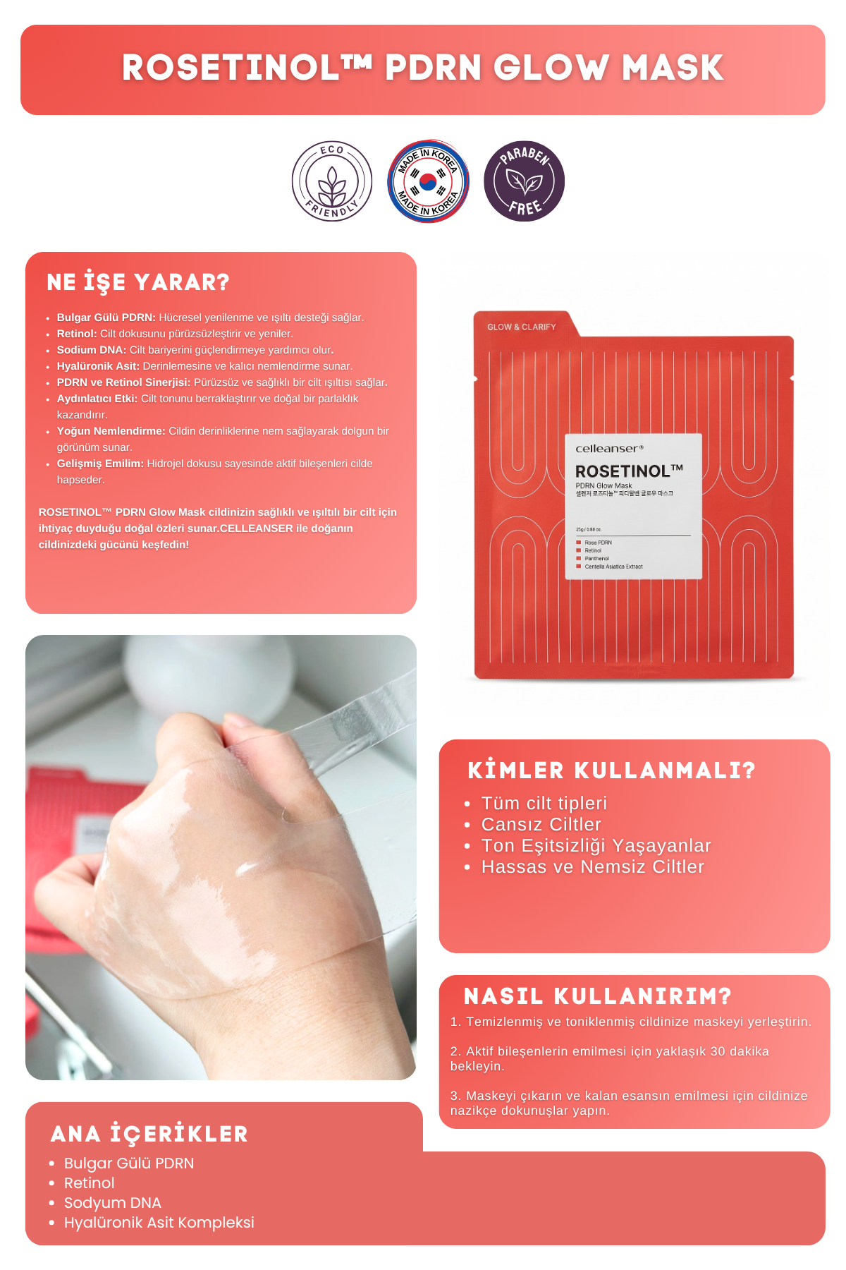 CELLEANSER ROSETINOL Bulgar Gülü PDRN & Retinol Aydınlatıcı Kore Hidrojel Maske - Yenileyici ve Işıltı Verici Cilt Bakımı
