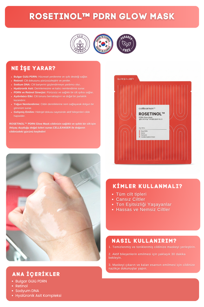 CELLEANSER ROSETINOL Bulgar Gülü PDRN & Retinol Aydınlatıcı Kore Hidrojel Maske - Yenileyici ve Işıltı Verici Cilt Bakımı