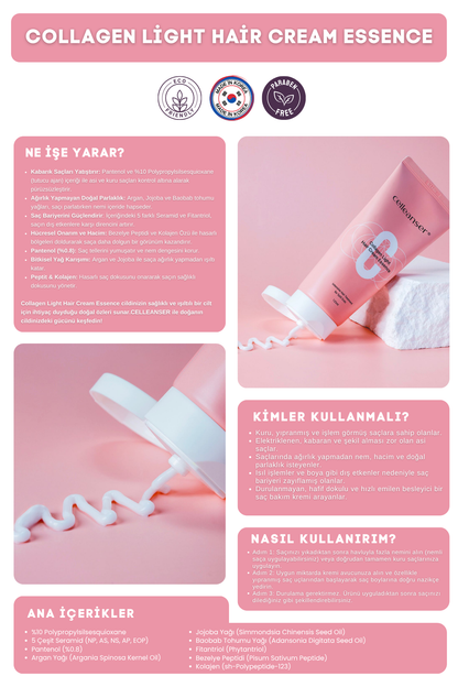 CELLEANSER Collagen Light Hair Cream Essence - Kabarık ve Yıpranmış Saçlar İçin Kolajen & Seramid Destekli Onarıcı Kore Saç Bakım Kremi