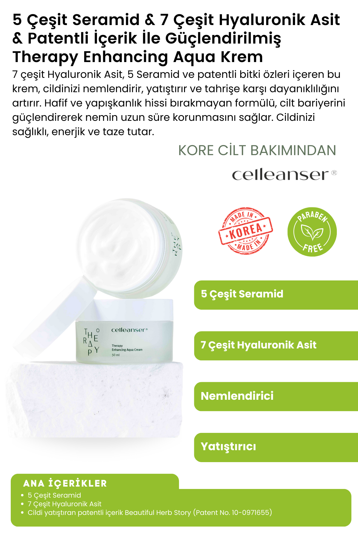 CELLEANSER 5 Çeşit Seramid ve 7 Çeşit Hyaluronik Asit İçeren Nemlendirici ve Yatıştırıcı Therapy Enhancing Aqua Krem