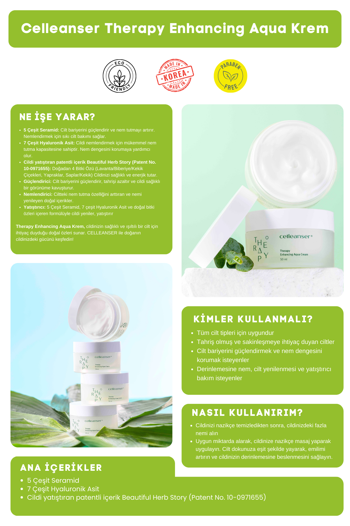 CELLEANSER 5 Çeşit Seramid ve 7 Çeşit Hyaluronik Asit İçeren Nemlendirici ve Yatıştırıcı Therapy Enhancing Aqua Krem