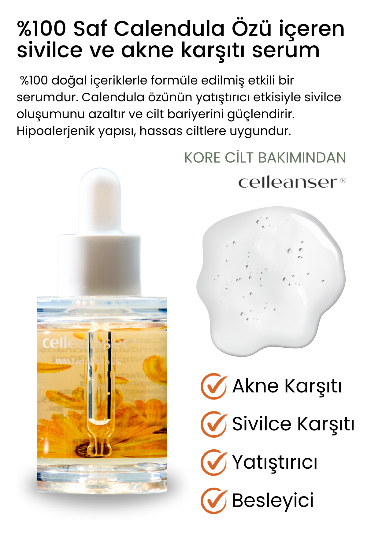 CELLEANSER Calendula Içeren Sivilce ve Akne Karşıtı, Besleyici, Yatıştırıcı, Antioksidan Yüz Serumu