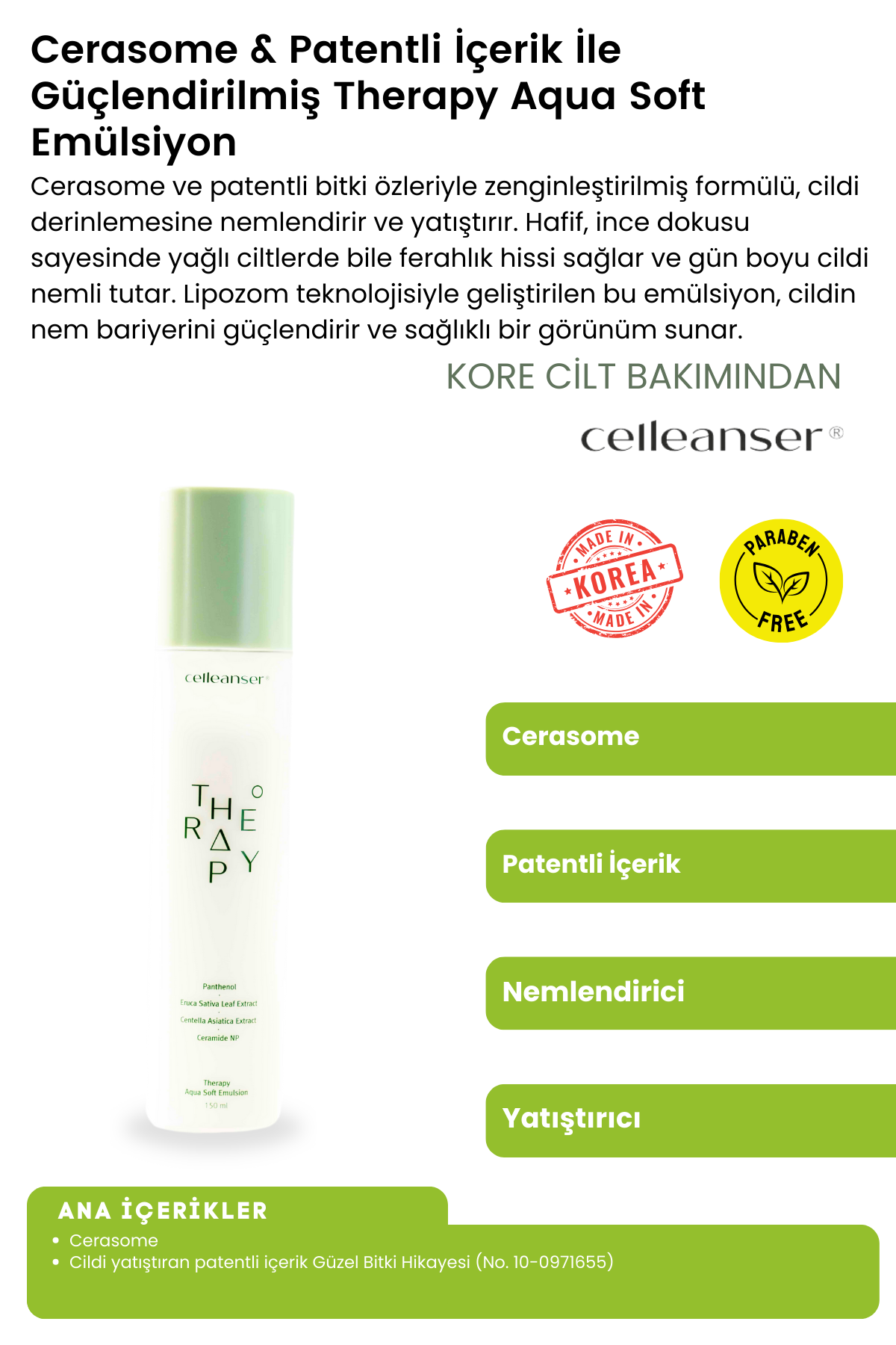 CELLEANSER Cerasome & Patentli İçerik İle Güçlendirilmiş Nemlendirici ve Yatıştırıcı Therapy Aqua Soft Emülsiyon