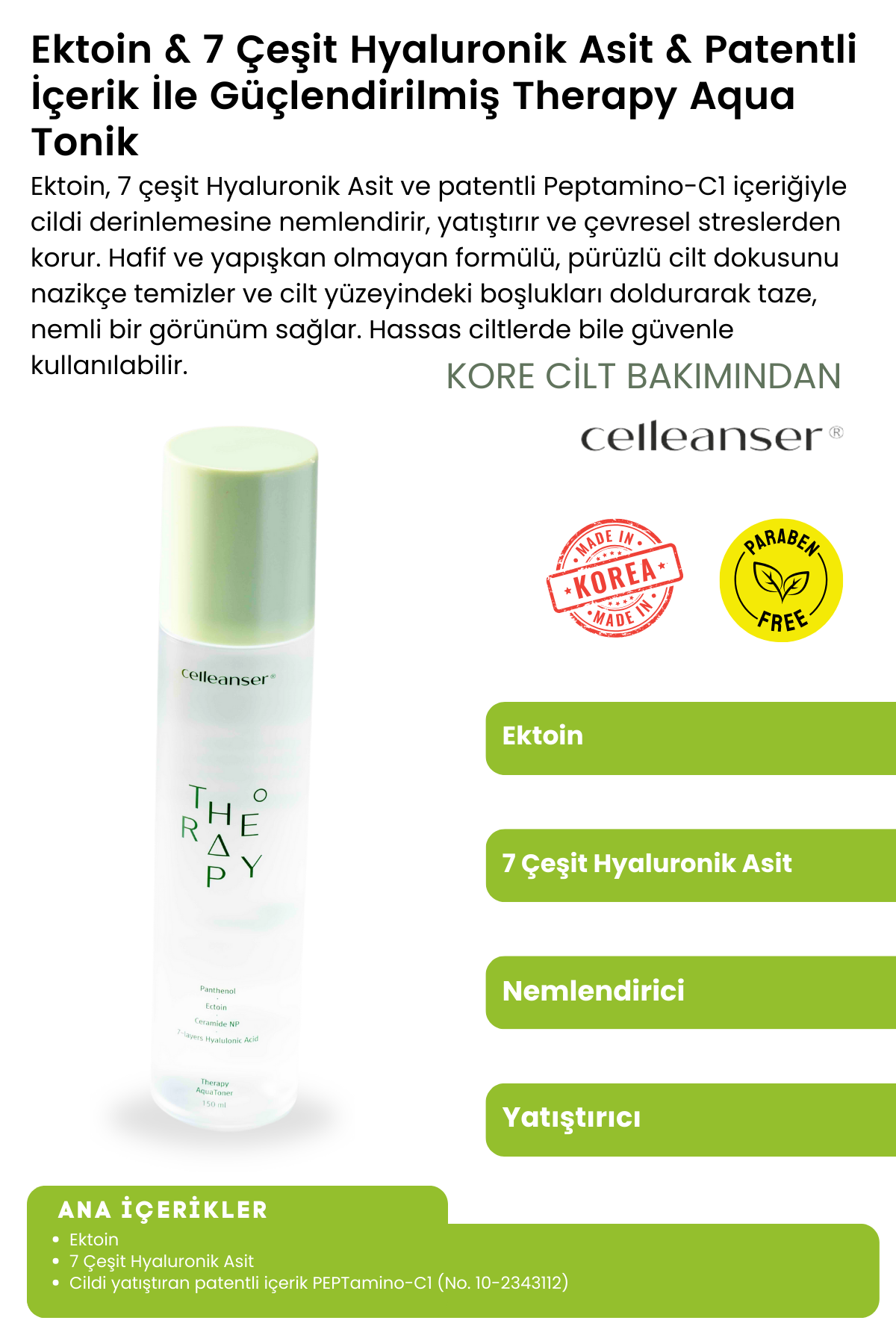 CELLEANSER Ektoin & 7 Çeşit Hyaluronik Asit & Patentli İçerik İle Güçlendirilmiş Nemlendirici ve Yatıştırıcı Therapy Aqua Tonik