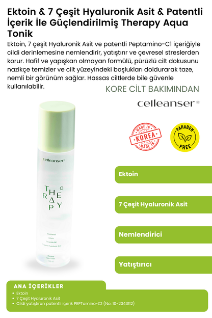 CELLEANSER Ektoin & 7 Çeşit Hyaluronik Asit & Patentli İçerik İle Güçlendirilmiş Nemlendirici ve Yatıştırıcı Therapy Aqua Tonik