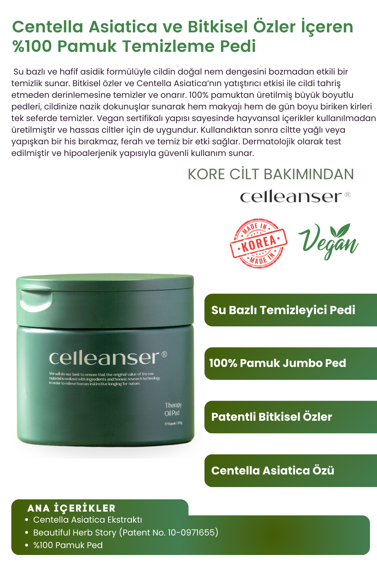 CELLEANSER Centella Asiatica içeren %100 Pamuktan yapılmış Nemlendirici Temizleme Pedi Therapy Oil Pad