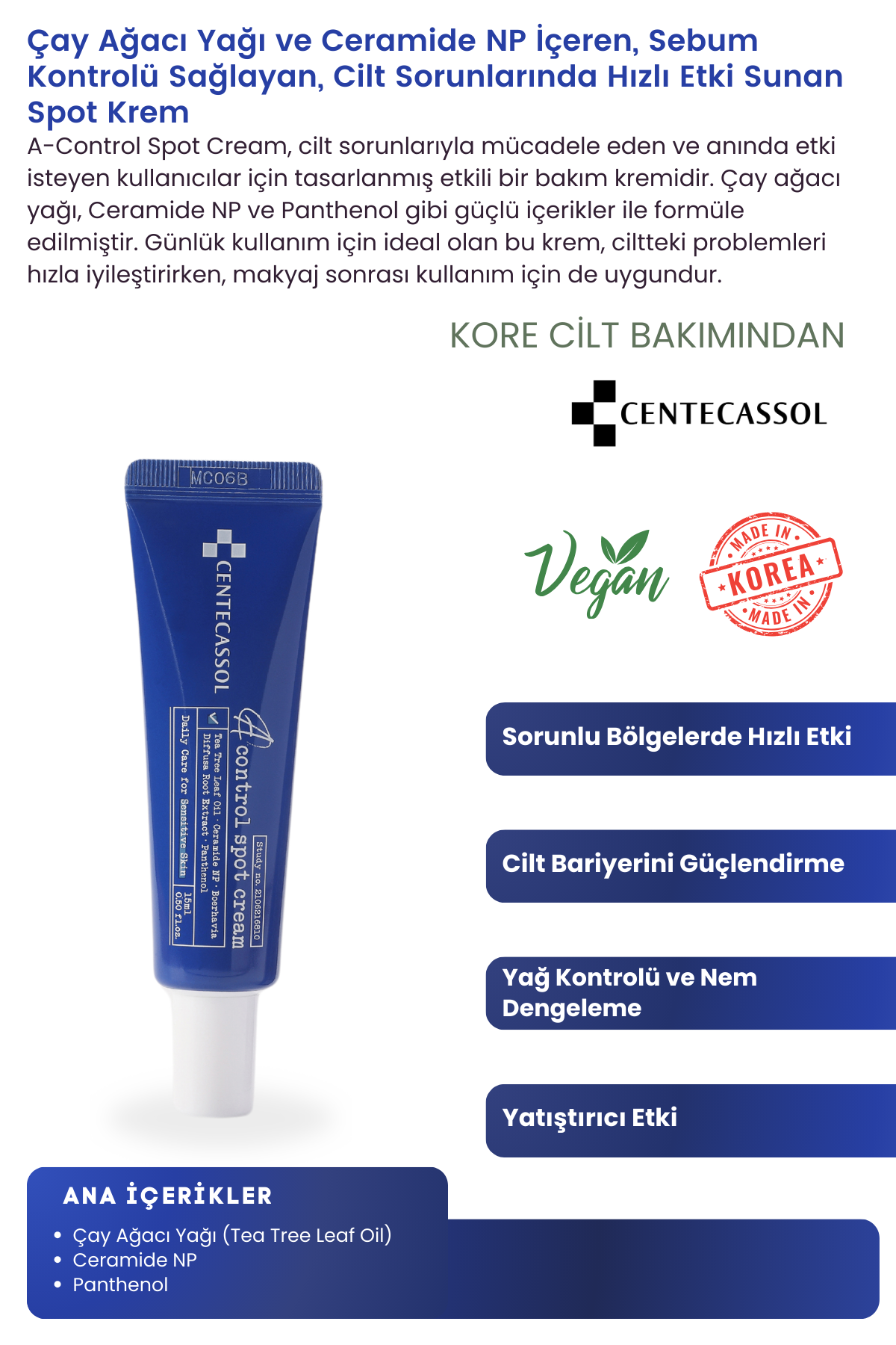 Centecassol A-Control Spot Cream 15 ml - Daily Care Cream with Tea Tree Leaf Extract