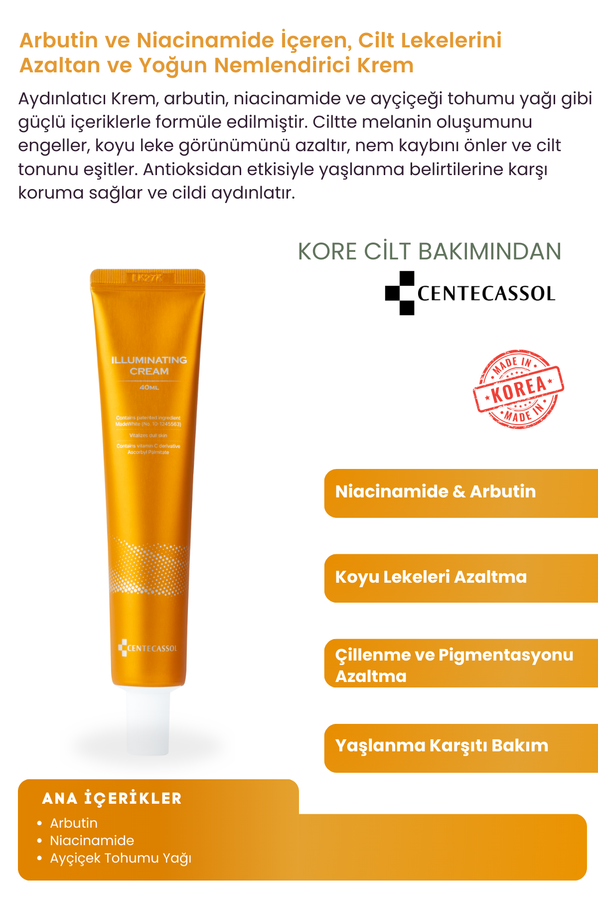 CENTECASSOL Arbutin Ve Niacinamide İçeren Leke Karşıtı Illuminating Krem