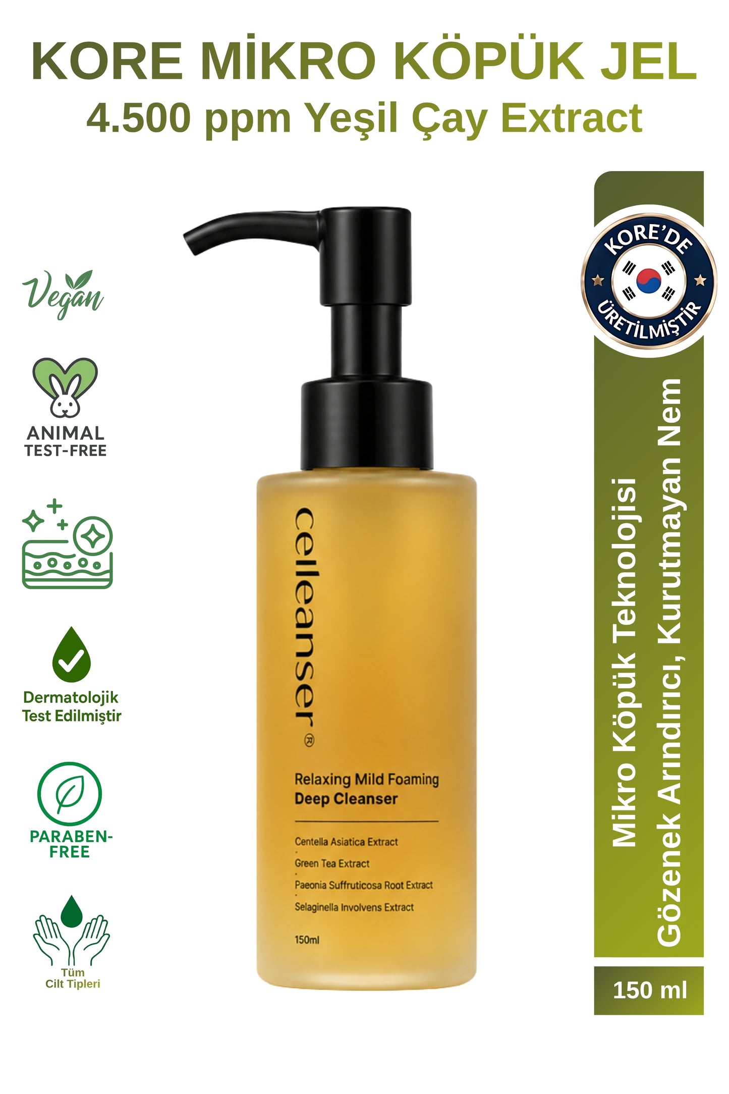Deep Cleansing with Celleanser Green Tea: Relaxing Mild Foaming Deep Cleanser