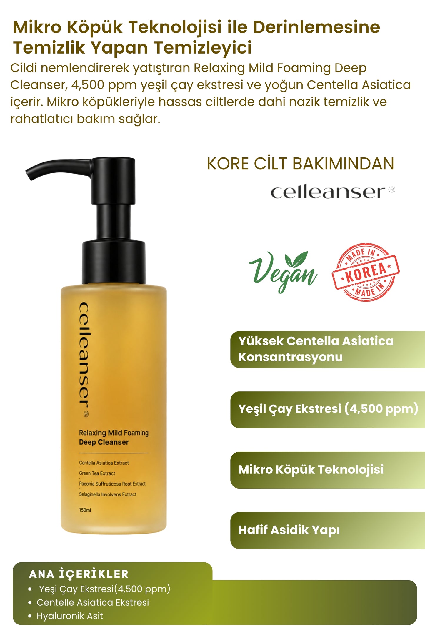 Deep Cleansing with Celleanser Green Tea: Relaxing Mild Foaming Deep Cleanser