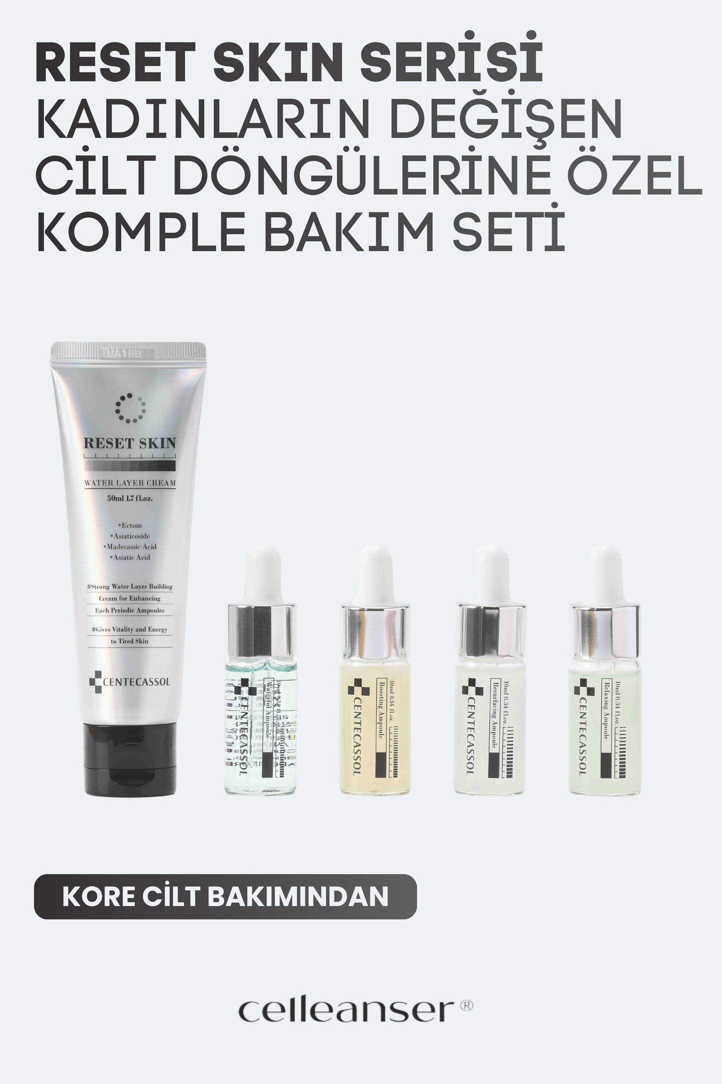 CENTECASSOL Reset Skin Kit 5’li Kore Cilt Bakım Seti – Ampul ve Nemlendirici Krem Seti